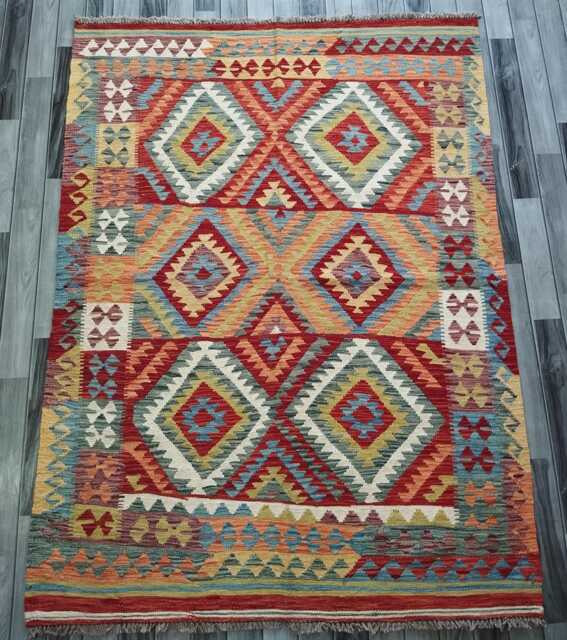 Kilim Rug Classic, Handmade Artisan Afghan Turkish, Scandinavian, Navajo, Bohemian Flatweave, Natural Wool 197x146 cm - image 1