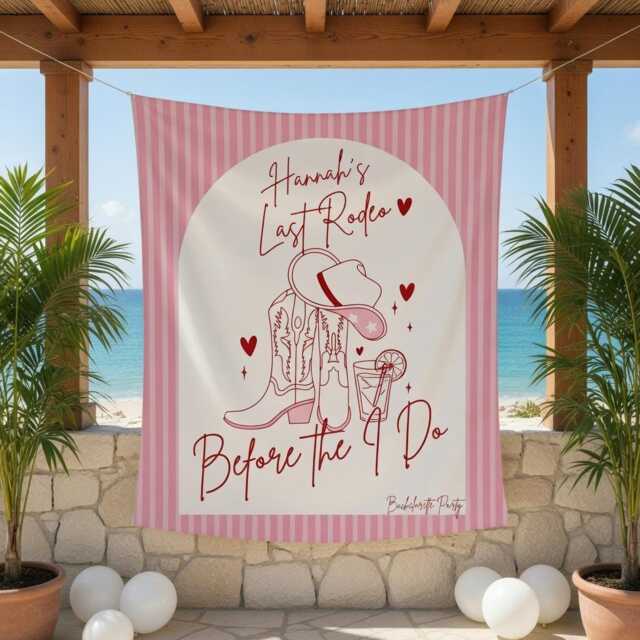 Last Rodeo Before The I Do Tapestry - Pink Cowgirl Bachelorette Wall Hanging, Western Bridal Shower Backdrop, Bride Party Decor - image 1