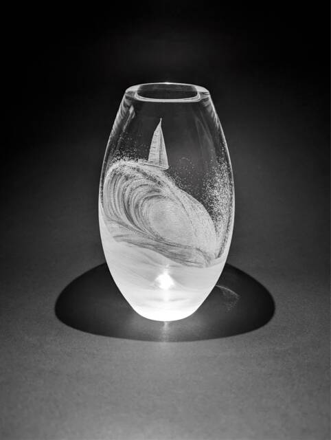Hand Engraved Wave Vase - Yacht Glass Sailing Gift Ocean Boat On A Crystal Dartington Sailboat - image 1