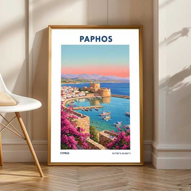 Paphos Harbor Sunset Poster - Pink & Blue Digital Illustration - Cyprus Coastal Art Contemporary Travel Decor For Enthusiasts - image 1