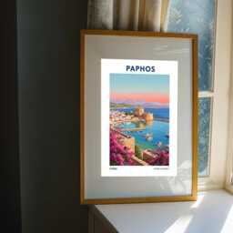 Paphos Harbor Sunset Poster - Pink & Blue Digital Illustration - Cyprus Coastal Art Contemporary Travel Decor For Enthusiasts - thumbnail 3