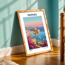 Paphos Harbor Sunset Poster - Pink & Blue Digital Illustration - Cyprus Coastal Art Contemporary Travel Decor For Enthusiasts - thumbnail 2