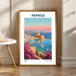 Paphos Harbor Sunset Poster - Pink & Blue Digital Illustration - Cyprus Coastal Art Contemporary Travel Decor For Enthusiasts - thumbnail 1
