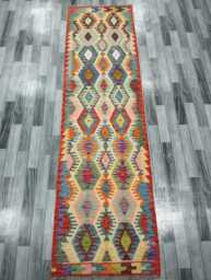 Runner Rug Multicolour, Handmade Artisan Afghan Turkish Scandinavian Navajo Bohemian Flatweave Wool Multicolour Kilim 304x83 cm - thumbnail 1