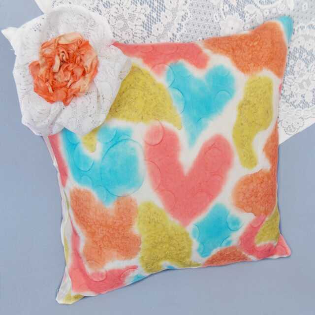 Silk Cushion Cover. Valentines Day. Orange, Blue, White Ruffle Bow. Shabby Chic - image 1