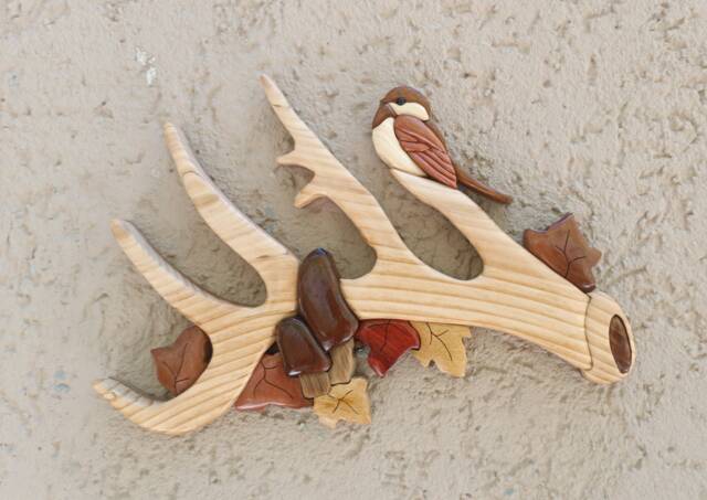 Intarsia Wood Art Wall Decor, Bird & Horn, 3D Wooden Eagle - image 1