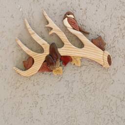 Intarsia Wood Art Wall Decor, Bird & Horn, 3D Wooden Eagle - thumbnail 3