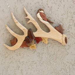 Intarsia Wood Art Wall Decor, Bird & Horn, 3D Wooden Eagle - thumbnail 2
