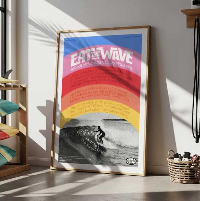 Retro Rainbow Surf Poster Black & White Wave Photo Art Print - image 1
