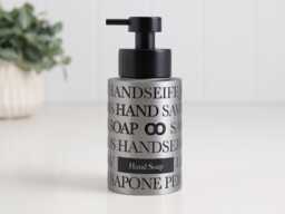 250Ml Refillable Stainless Steel Soap Dispenser Bottle With Minimal Text Wrap, Black Pump & Multiple Label Options