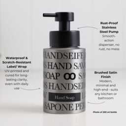 250Ml Refillable Stainless Steel Soap Dispenser Bottle With Minimal Text Wrap, Black Pump & Multiple Label Options - thumbnail 3