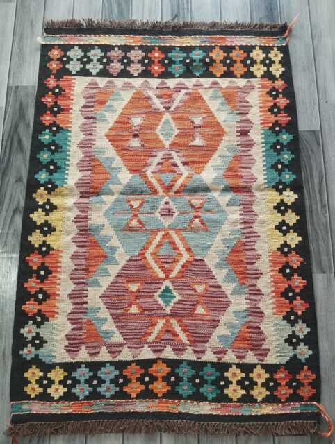 Afghan Kilim Rug, Handmade Artisan Multicolour Turkish Persian Navajo Moroccan Bohemian Flatweave, Natural Wool Dhurrie Rug 120x82 cm - image 1