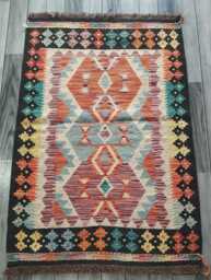 Afghan Kilim Rug, Handmade Artisan Multicolour Turkish Persian Navajo Moroccan Bohemian Flatweave, Natural Wool Dhurrie Rug 120x82 cm