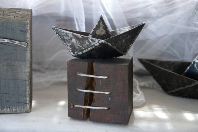 Origami Metal Boat, Desk Sculpture On Wood Base, Original Artwork By The Steel Style Things - image 1