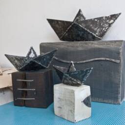 Origami Metal Boat, Desk Sculpture On Wood Base, Original Artwork By The Steel Style Things - thumbnail 4
