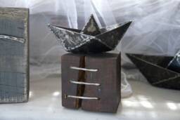 Origami Metal Boat, Desk Sculpture On Wood Base, Original Artwork By The Steel Style Things