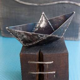 Origami Metal Boat, Desk Sculpture On Wood Base, Original Artwork By The Steel Style Things - thumbnail 3