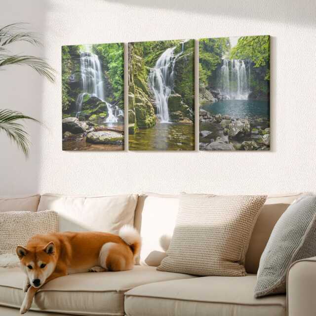 Canvas Set Of 3 Wall Art - Waterfalls in A Green Setting With Stones & Water, Print On Canvas, Landscapes Decor - image 1