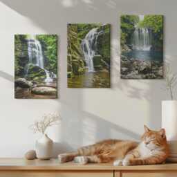 Canvas Set Of 3 Wall Art - Waterfalls in A Green Setting With Stones & Water, Print On Canvas, Landscapes Decor - thumbnail 3