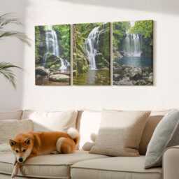 Canvas Set Of 3 Wall Art - Waterfalls in A Green Setting With Stones & Water, Print On Canvas, Landscapes Decor - thumbnail 1