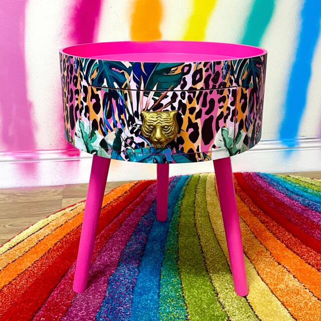 Hot Pink Wooden Coffee Table , Tropical & Orange Leopard Print Animal Floral Print. Round With Three Legs, Built in Drawer - image 1