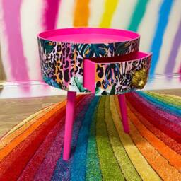 Hot Pink Wooden Coffee Table , Tropical & Orange Leopard Print Animal Floral Print. Round With Three Legs, Built in Drawer - thumbnail 4