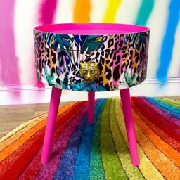 Hot Pink Wooden Coffee Table , Tropical & Orange Leopard Print Animal Floral Print. Round With Three Legs, Built in Drawer