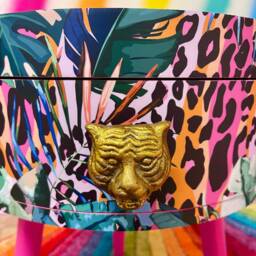 Hot Pink Wooden Coffee Table , Tropical & Orange Leopard Print Animal Floral Print. Round With Three Legs, Built in Drawer - thumbnail 3