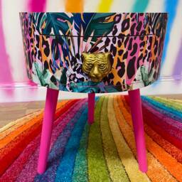 Hot Pink Wooden Coffee Table , Tropical & Orange Leopard Print Animal Floral Print. Round With Three Legs, Built in Drawer - thumbnail 2