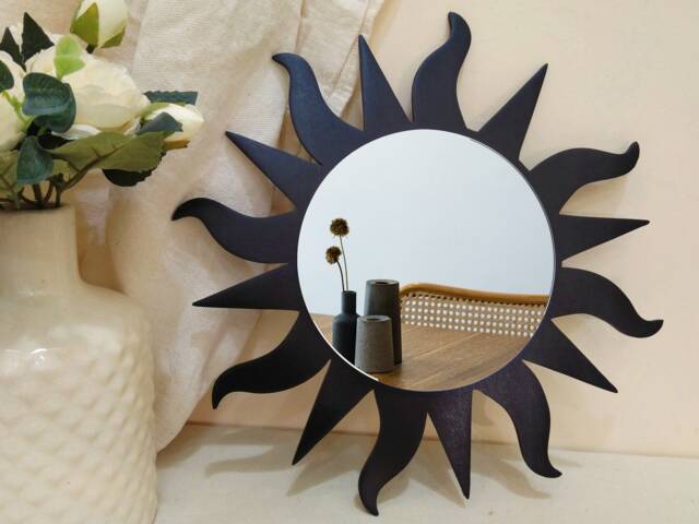 Boho Wall Decor Sun Mirror Black, Sunburst Funky, Small Decorative Shape, Bohemian Boho Room Decor, Sun Hanging - image 1