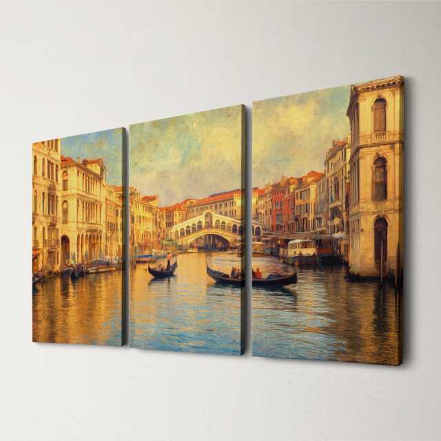 Venice Canals 3 Panel Split Canvas Wall Art, Gondolas At Sunset, Ornate Bridges, Impressionist Oil Painting Framed Home Decor - image 1