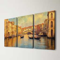 Venice Canals 3 Panel Split Canvas Wall Art, Gondolas At Sunset, Ornate Bridges, Impressionist Oil Painting Framed Home Decor - thumbnail 1