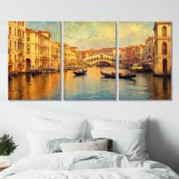 Venice Canals 3 Panel Split Canvas Wall Art, Gondolas At Sunset, Ornate Bridges, Impressionist Oil Painting Framed Home Decor - thumbnail 2