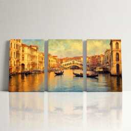 Venice Canals 3 Panel Split Canvas Wall Art, Gondolas At Sunset, Ornate Bridges, Impressionist Oil Painting Framed Home Decor - thumbnail 3