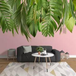 3D Palm Leaf Mural, Tropical Green Wall Decor, Pink Removable Wallpaper - thumbnail 3