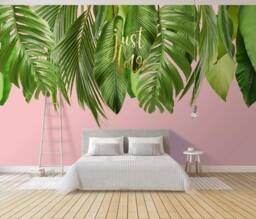 3D Palm Leaf Mural, Tropical Green Wall Decor, Pink Removable Wallpaper - thumbnail 1