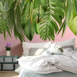 3D Palm Leaf Mural, Tropical Green Wall Decor, Pink Removable Wallpaper - thumbnail 2