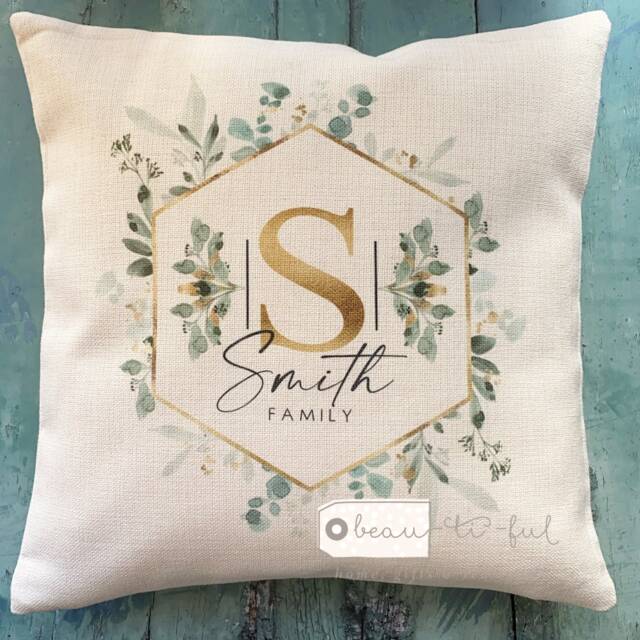 Personalised Monogram Family Names ... Botanical Greenery Design Home Quote Linen Style Cushion Decor Cover