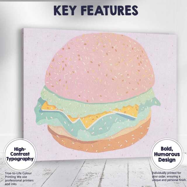Pastel Cheeseburger Fast Food Watercolour Illustration Canvas Wall Art Print Decor Picture Ready To Hang - image 1