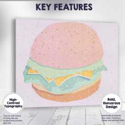 Pastel Cheeseburger Fast Food Watercolour Illustration Canvas Wall Art Print Decor Picture Ready To Hang