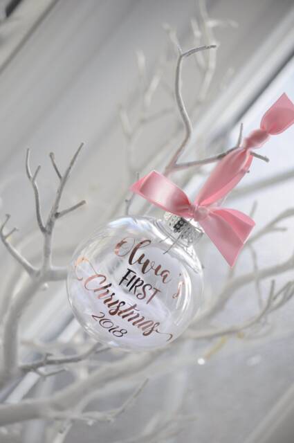 Personalised Baby's First Christmas Bauble, Pink Bow, Rose Gold - image 1