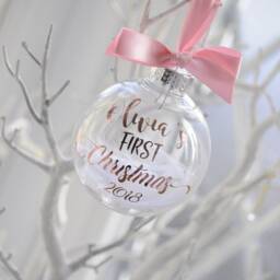 Personalised Baby's First Christmas Bauble, Pink Bow, Rose Gold - thumbnail 3