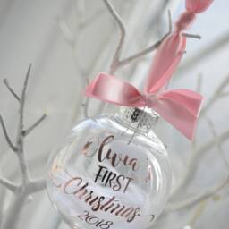 Personalised Baby's First Christmas Bauble, Pink Bow, Rose Gold - thumbnail 2