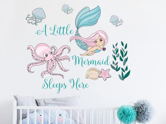 A Little Mermaid Sleeps Here Wall Vinyl Decal. Nursery Decor. Kids Decals. Nautical Decor R101 - image 1
