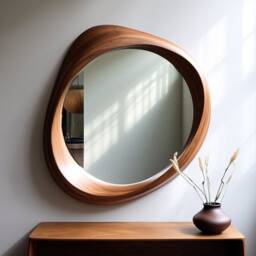 Asymmetrical Walnut Wood Frame Mirror Home & Wall Decor, Vanity, Bathroom, Living Room Mirror