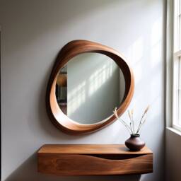 Asymmetrical Walnut Wood Frame Mirror Home & Wall Decor, Vanity, Bathroom, Living Room Mirror - thumbnail 3