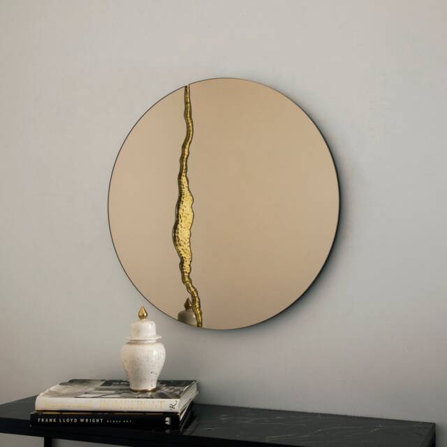 Fracture??? Handcrafted Round Bronze Mirror With Brass Detail - image 1
