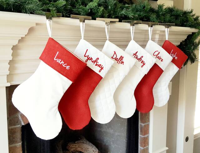 Christmas Stocking. Personalized Red Burlap & White Stockings, Quilted Cotton Stockings - image 1