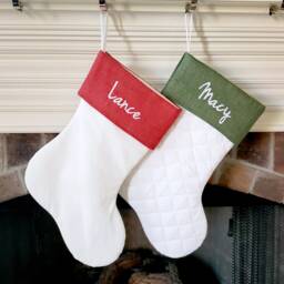 Christmas Stocking. Personalized Red Burlap & White Stockings, Quilted Cotton Stockings - thumbnail 3