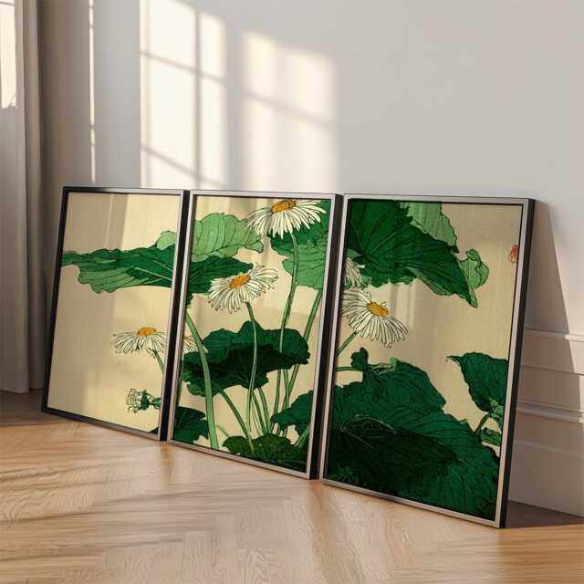 Daisy Leaf Posters Set Of 3 Japanese Woodblock Style Wall Art - image 1